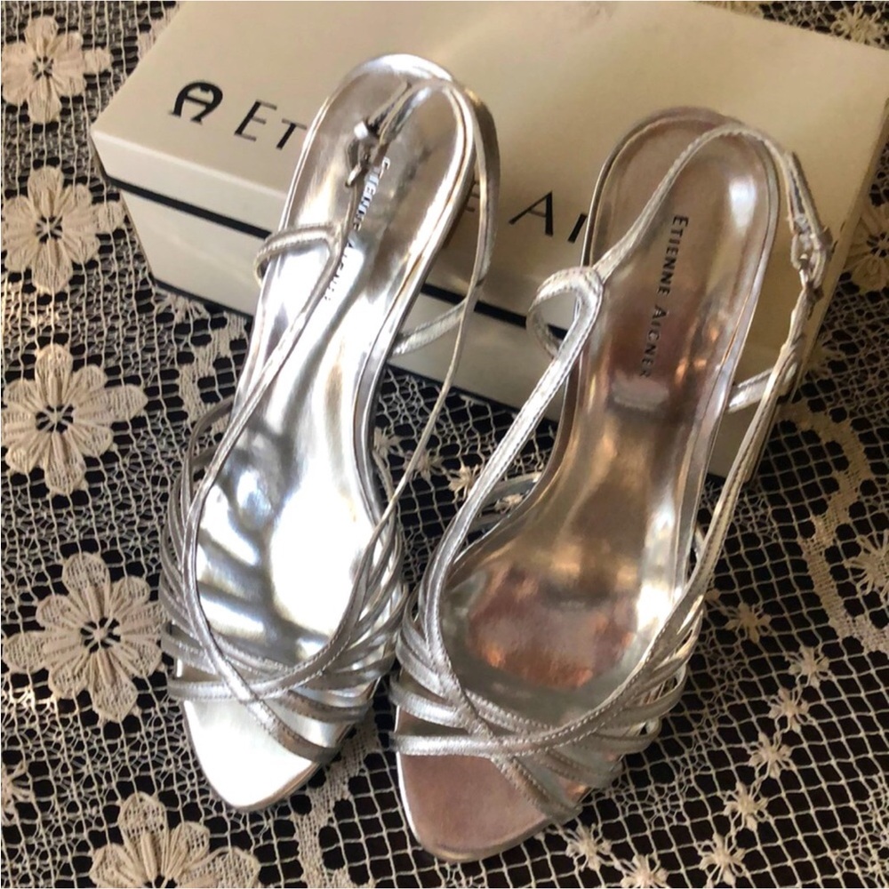 NEW Etienn Agnier Metallic Silver Sling back Sandals  special occasion shoes NIB